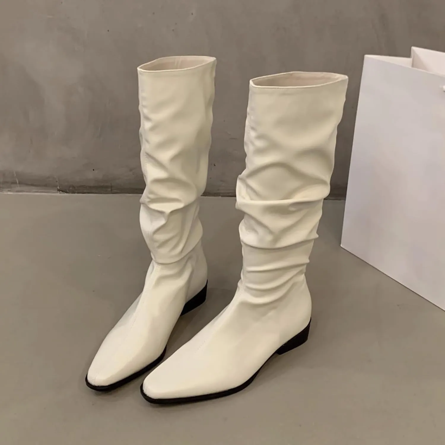 Womens Faux Leather Knee High Boots Wide Calf Almond Toe Chunky Low Heel Slouchy Booties Fashion Dress Boot Warm Fall Boots Comfortable Pull On Tall Boots Long Boots Winter Shoes
