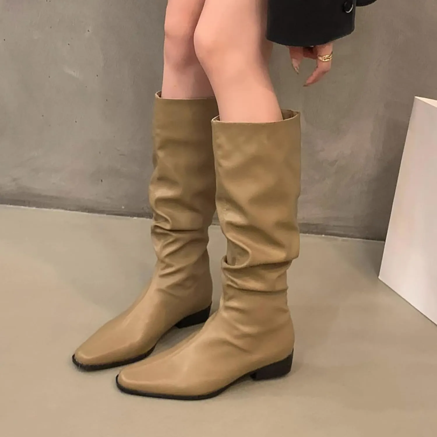 Womens Faux Leather Knee High Boots Wide Calf Almond Toe Chunky Low Heel Slouchy Booties Fashion Dress Boot Warm Fall Boots Comfortable Pull On Tall Boots Long Boots Winter Shoes