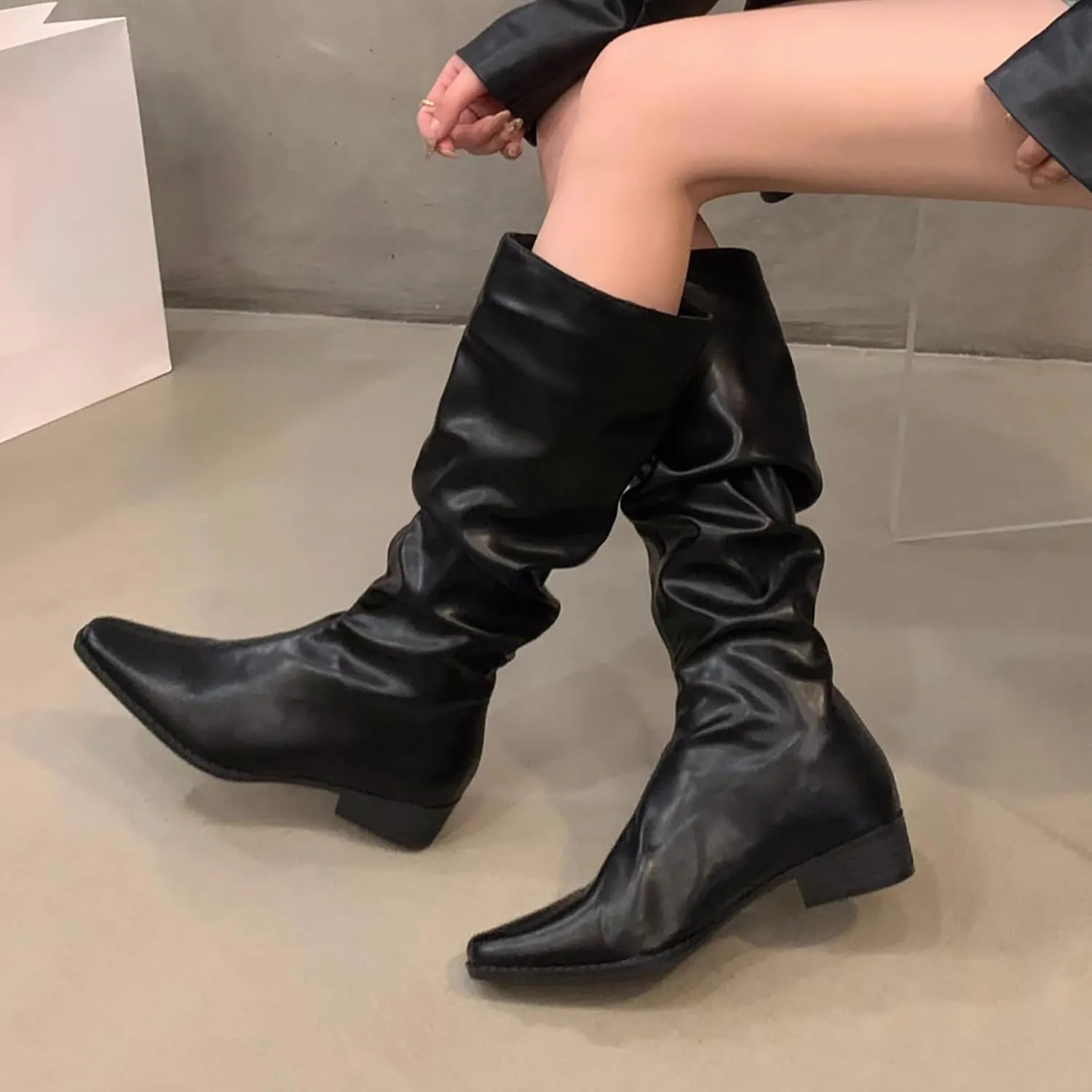 Womens Faux Leather Knee High Boots Wide Calf Almond Toe Chunky Low Heel Slouchy Booties Fashion Dress Boot Warm Fall Boots Comfortable Pull On Tall Boots Long Boots Winter Shoes