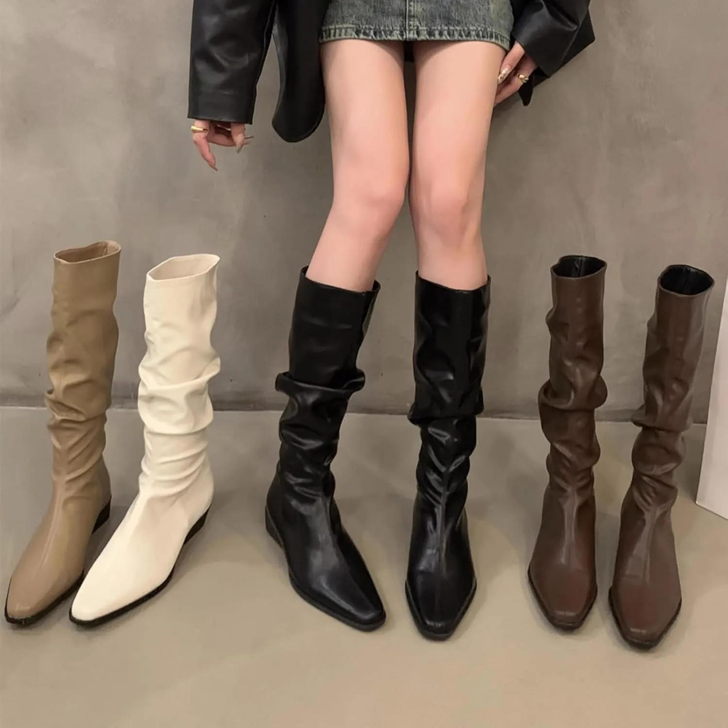 Womens Faux Leather Knee High Boots Wide Calf Almond Toe Chunky Low Heel Slouchy Booties Fashion Dress Boot Warm Fall Boots Comfortable Pull On Tall Boots Long Boots Winter Shoes