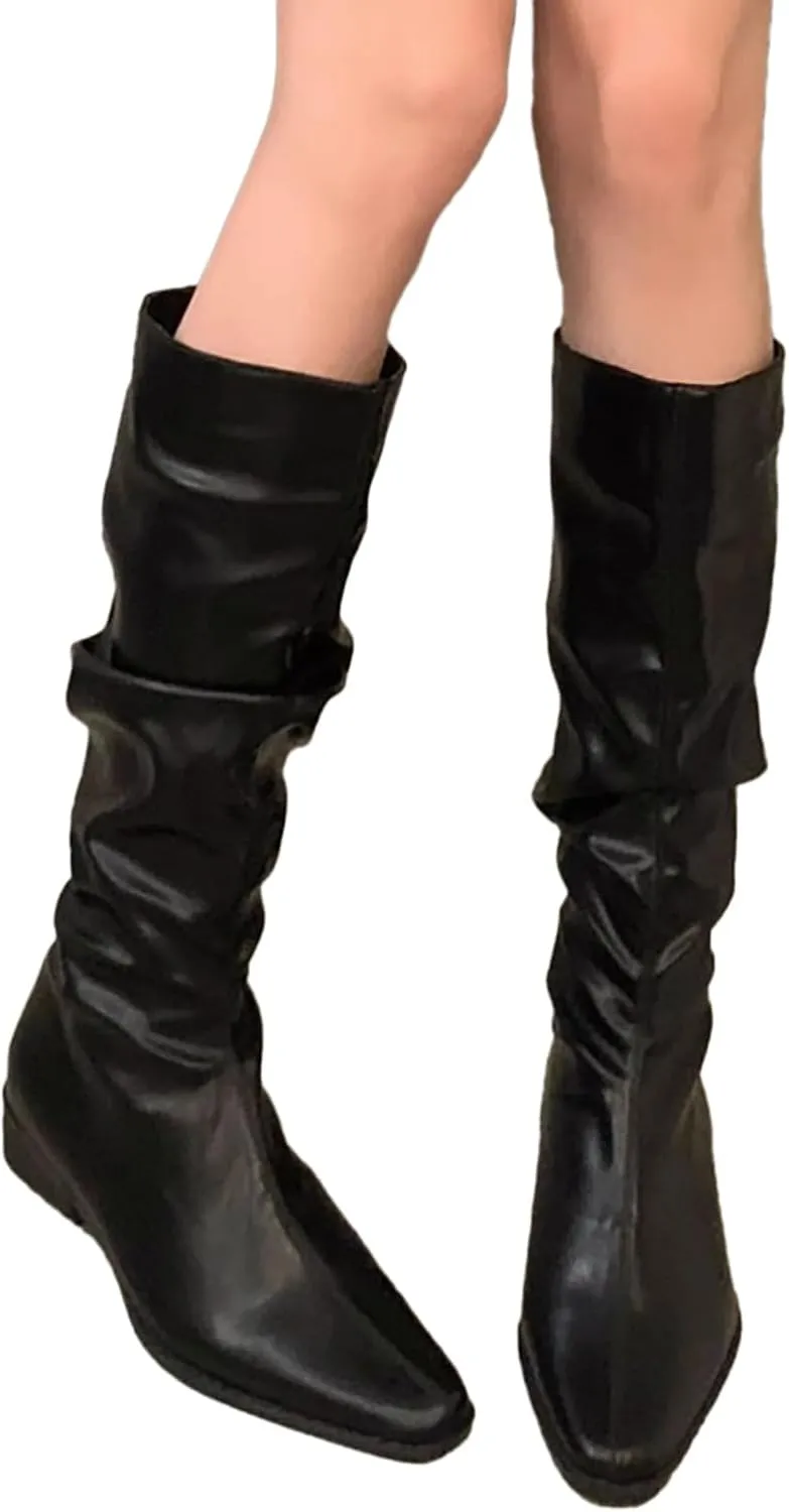Womens Faux Leather Knee High Boots Wide Calf Almond Toe Chunky Low Heel Slouchy Booties Fashion Dress Boot Warm Fall Boots Comfortable Pull On Tall Boots Long Boots Winter Shoes
