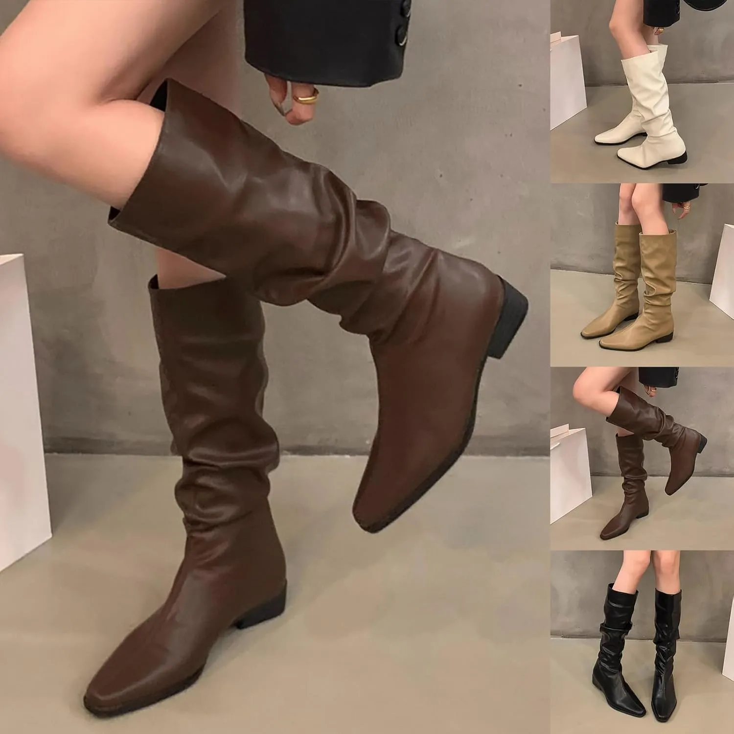 Womens Faux Leather Knee High Boots Wide Calf Almond Toe Chunky Low Heel Slouchy Booties Fashion Dress Boot Warm Fall Boots Comfortable Pull On Tall Boots Long Boots Winter Shoes