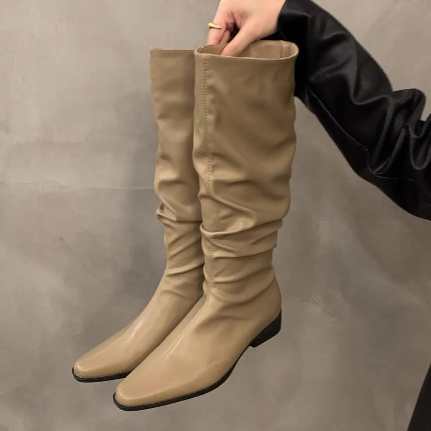 Womens Faux Leather Knee High Boots Wide Calf Almond Toe Chunky Low Heel Slouchy Booties Fashion Dress Boot Warm Fall Boots Comfortable Pull On Tall Boots Long Boots Winter Shoes