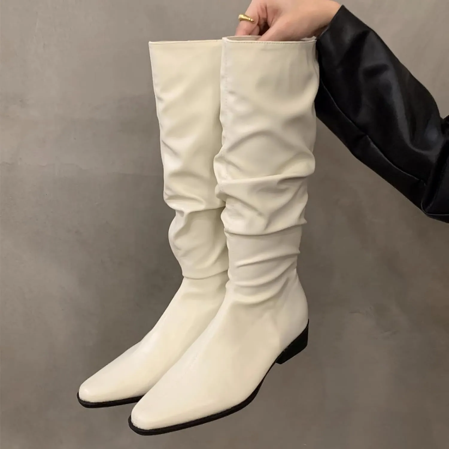 Womens Faux Leather Knee High Boots Wide Calf Almond Toe Chunky Low Heel Slouchy Booties Fashion Dress Boot Warm Fall Boots Comfortable Pull On Tall Boots Long Boots Winter Shoes
