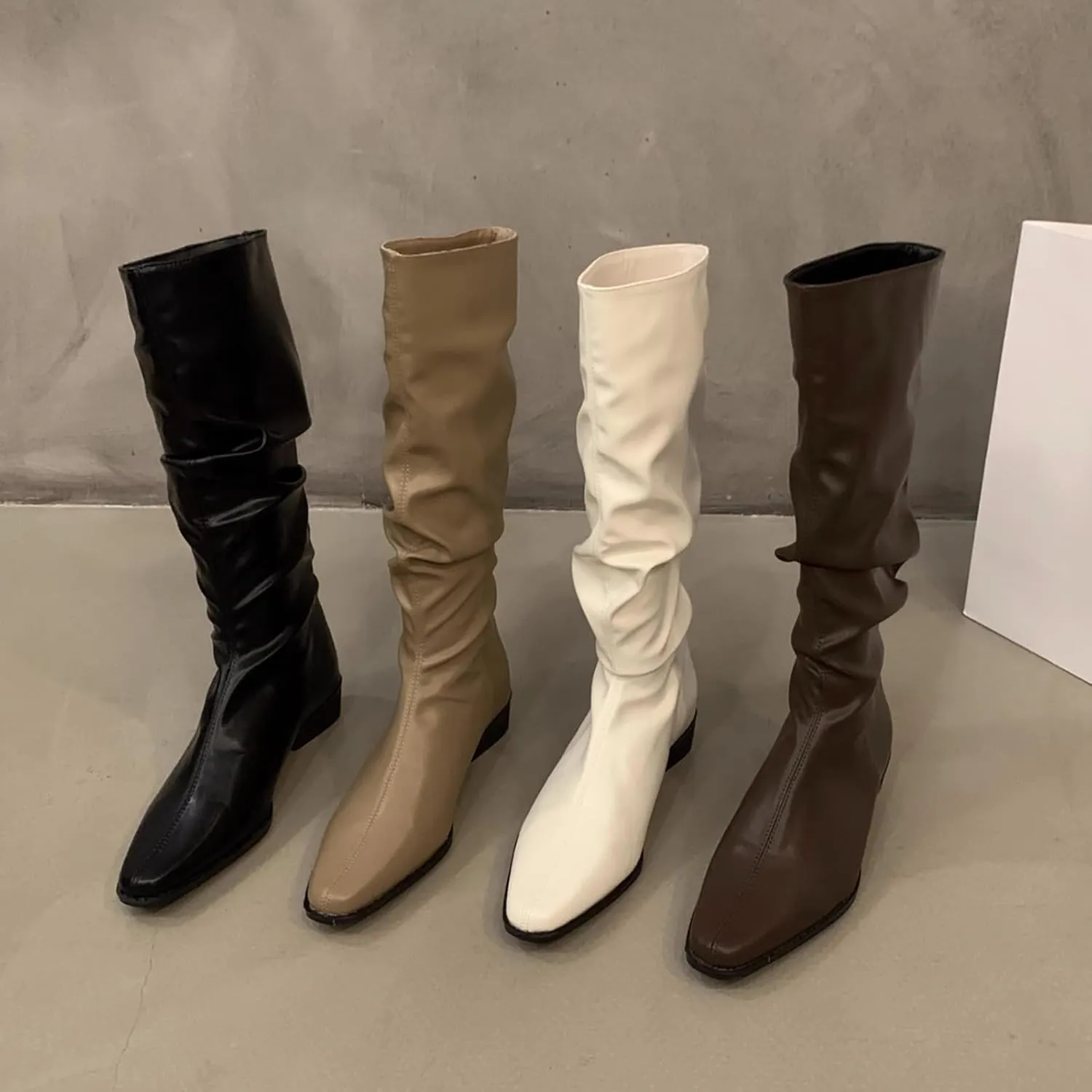 Womens Faux Leather Knee High Boots Wide Calf Almond Toe Chunky Low Heel Slouchy Booties Fashion Dress Boot Warm Fall Boots Comfortable Pull On Tall Boots Long Boots Winter Shoes