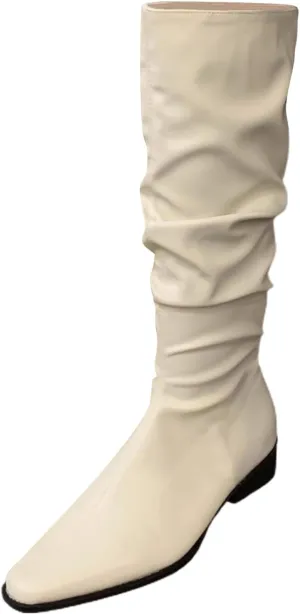 Womens Faux Leather Knee High Boots Wide Calf Almond Toe Chunky Low Heel Slouchy Booties Fashion Dress Boot Warm Fall Boots Comfortable Pull On Tall Boots Long Boots Winter Shoes
