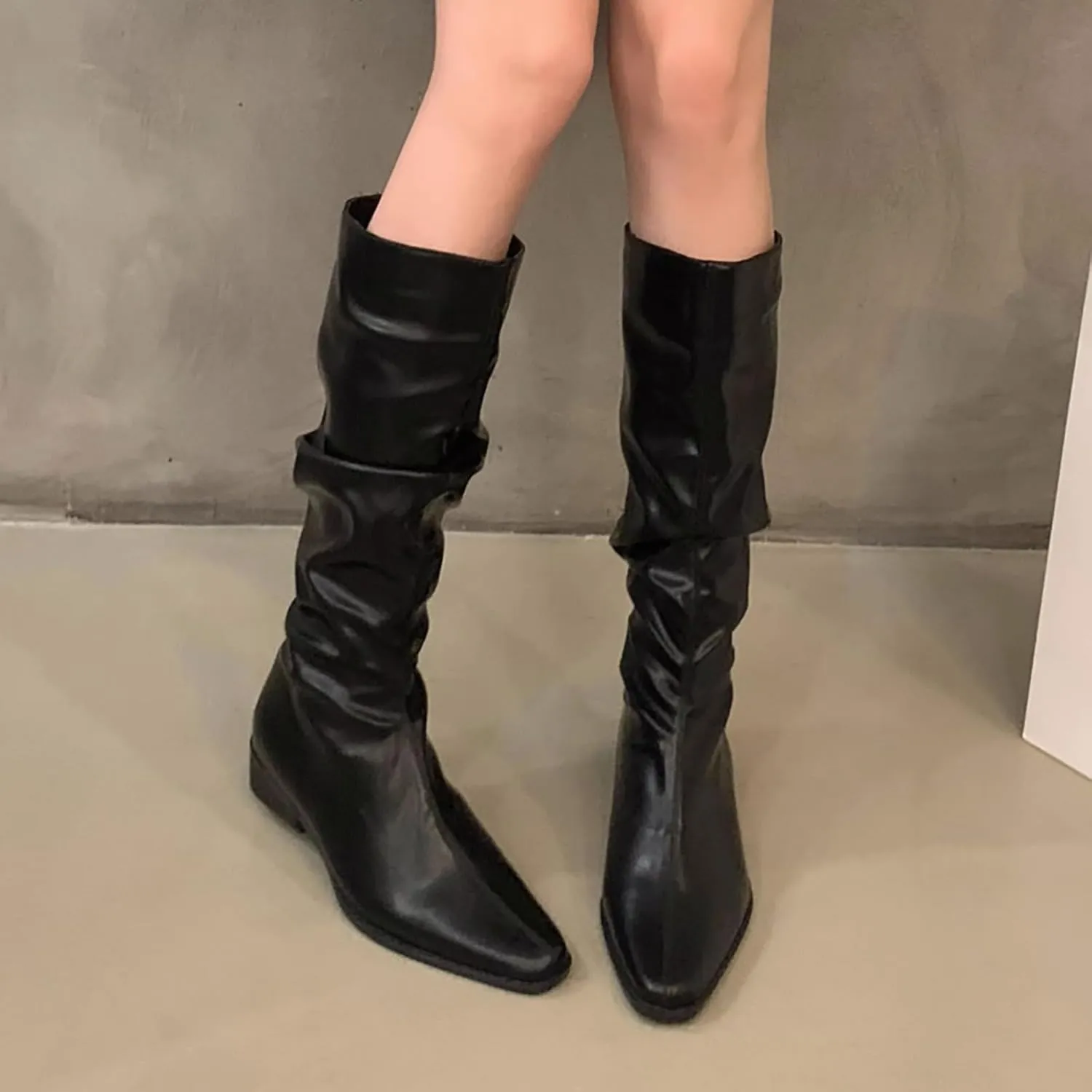 Womens Faux Leather Knee High Boots Wide Calf Almond Toe Chunky Low Heel Slouchy Booties Fashion Dress Boot Warm Fall Boots Comfortable Pull On Tall Boots Long Boots Winter Shoes
