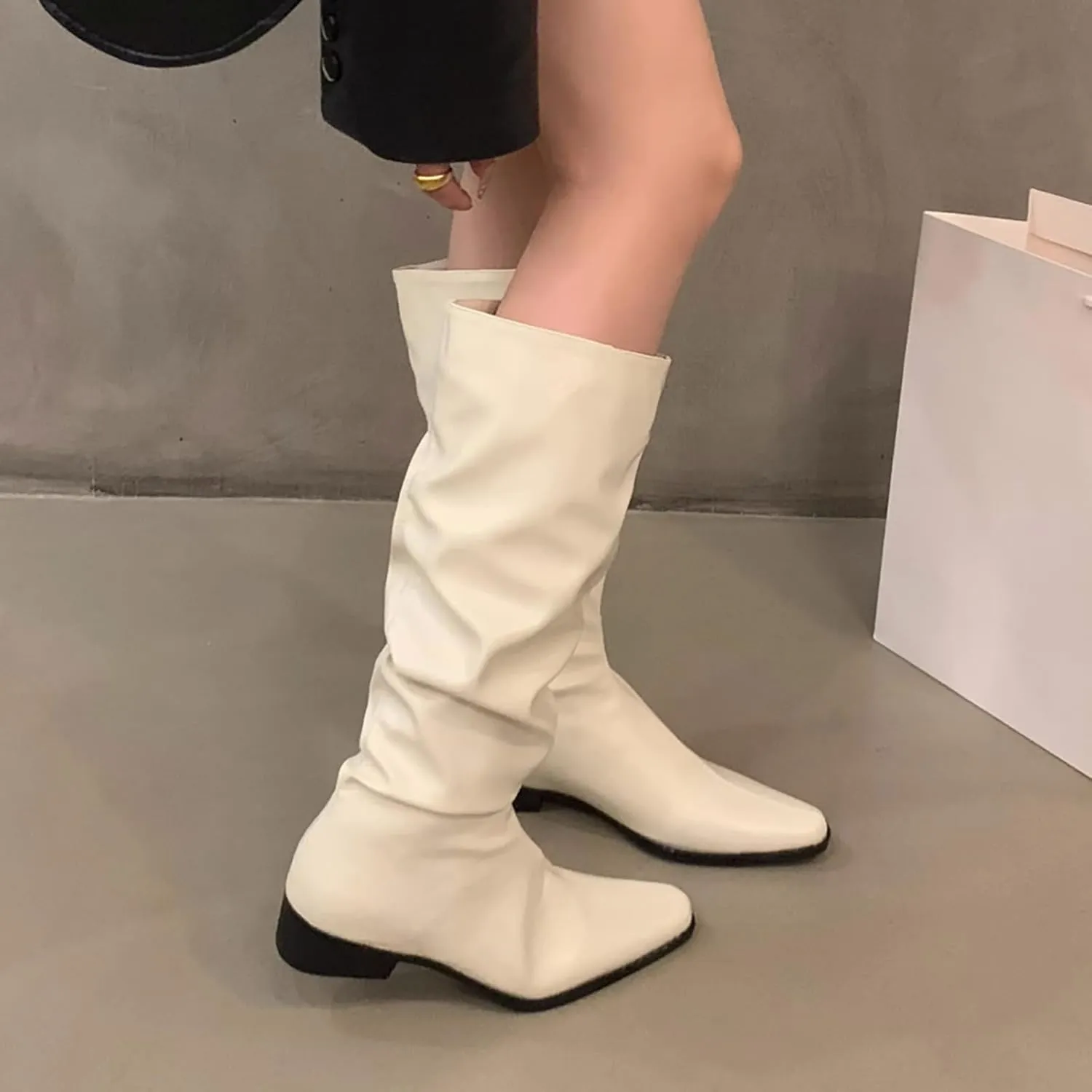 Womens Faux Leather Knee High Boots Wide Calf Almond Toe Chunky Low Heel Slouchy Booties Fashion Dress Boot Warm Fall Boots Comfortable Pull On Tall Boots Long Boots Winter Shoes