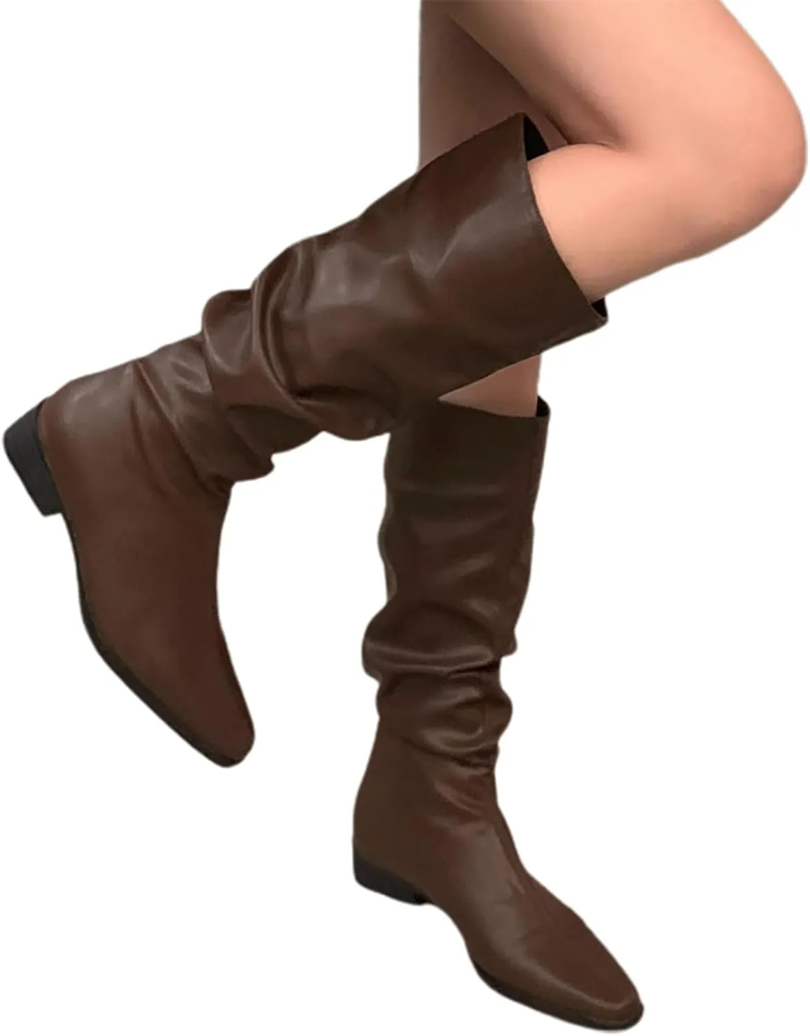 Womens Faux Leather Knee High Boots Wide Calf Almond Toe Chunky Low Heel Slouchy Booties Fashion Dress Boot Warm Fall Boots Comfortable Pull On Tall Boots Long Boots Winter Shoes