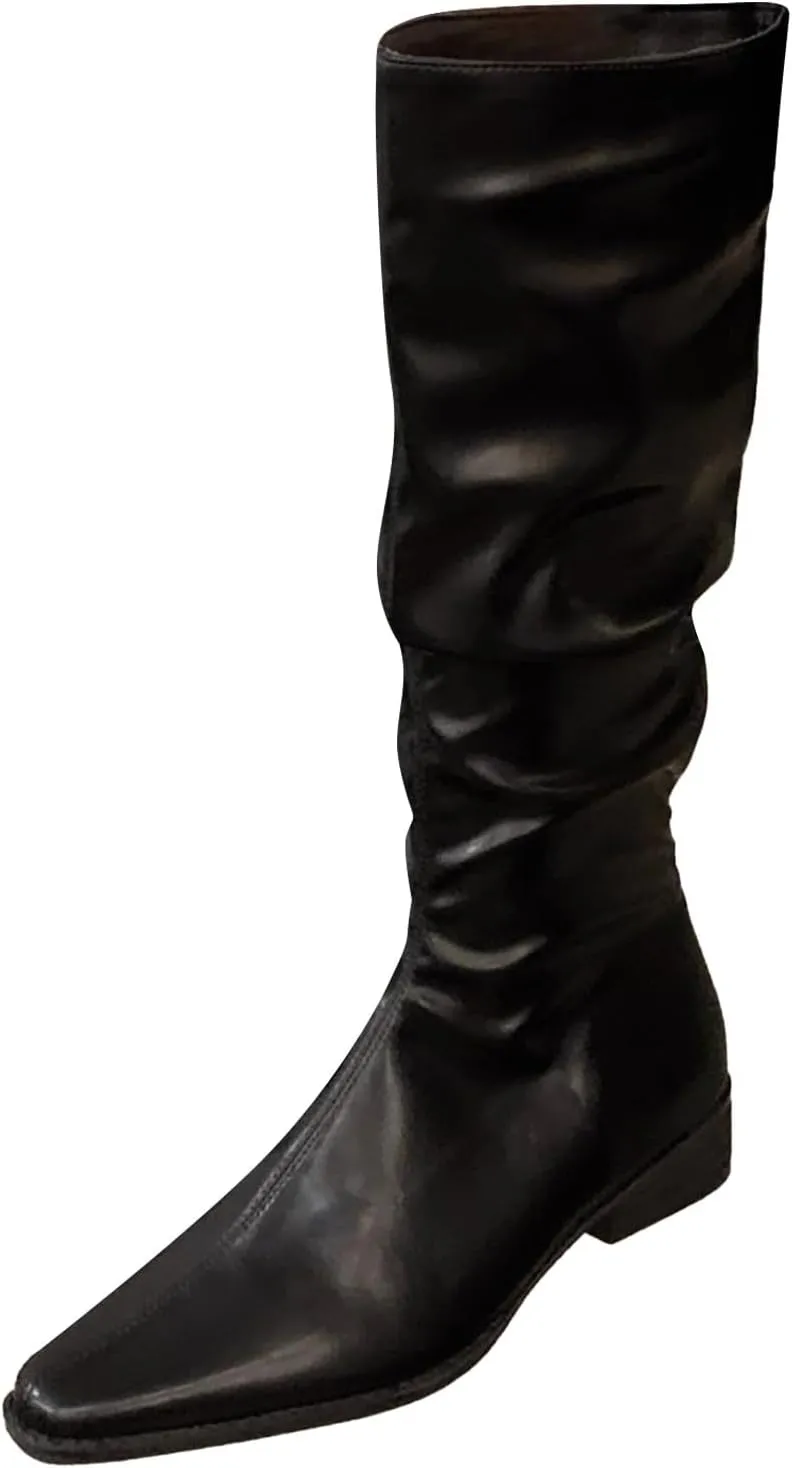 Womens Faux Leather Knee High Boots Wide Calf Almond Toe Chunky Low Heel Slouchy Booties Fashion Dress Boot Warm Fall Boots Comfortable Pull On Tall Boots Long Boots Winter Shoes
