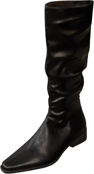 Womens Faux Leather Knee High Boots Wide Calf Almond Toe Chunky Low Heel Slouchy Booties Fashion Dress Boot Warm Fall Boots Comfortable Pull On Tall Boots Long Boots Winter Shoes