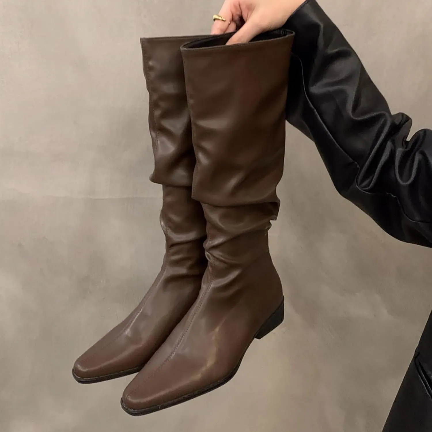 Womens Faux Leather Knee High Boots Wide Calf Almond Toe Chunky Low Heel Slouchy Booties Fashion Dress Boot Warm Fall Boots Comfortable Pull On Tall Boots Long Boots Winter Shoes
