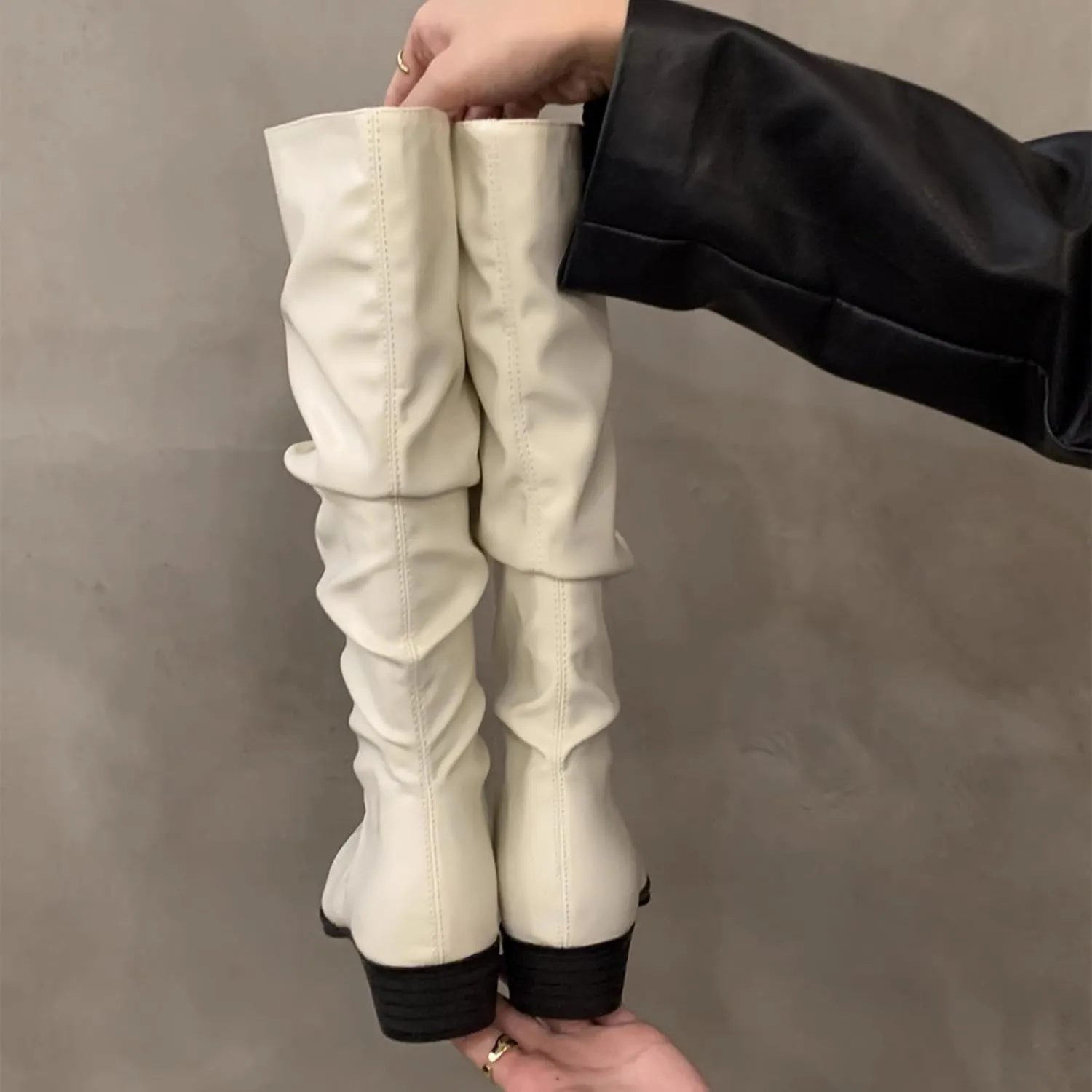 Womens Faux Leather Knee High Boots Wide Calf Almond Toe Chunky Low Heel Slouchy Booties Fashion Dress Boot Warm Fall Boots Comfortable Pull On Tall Boots Long Boots Winter Shoes