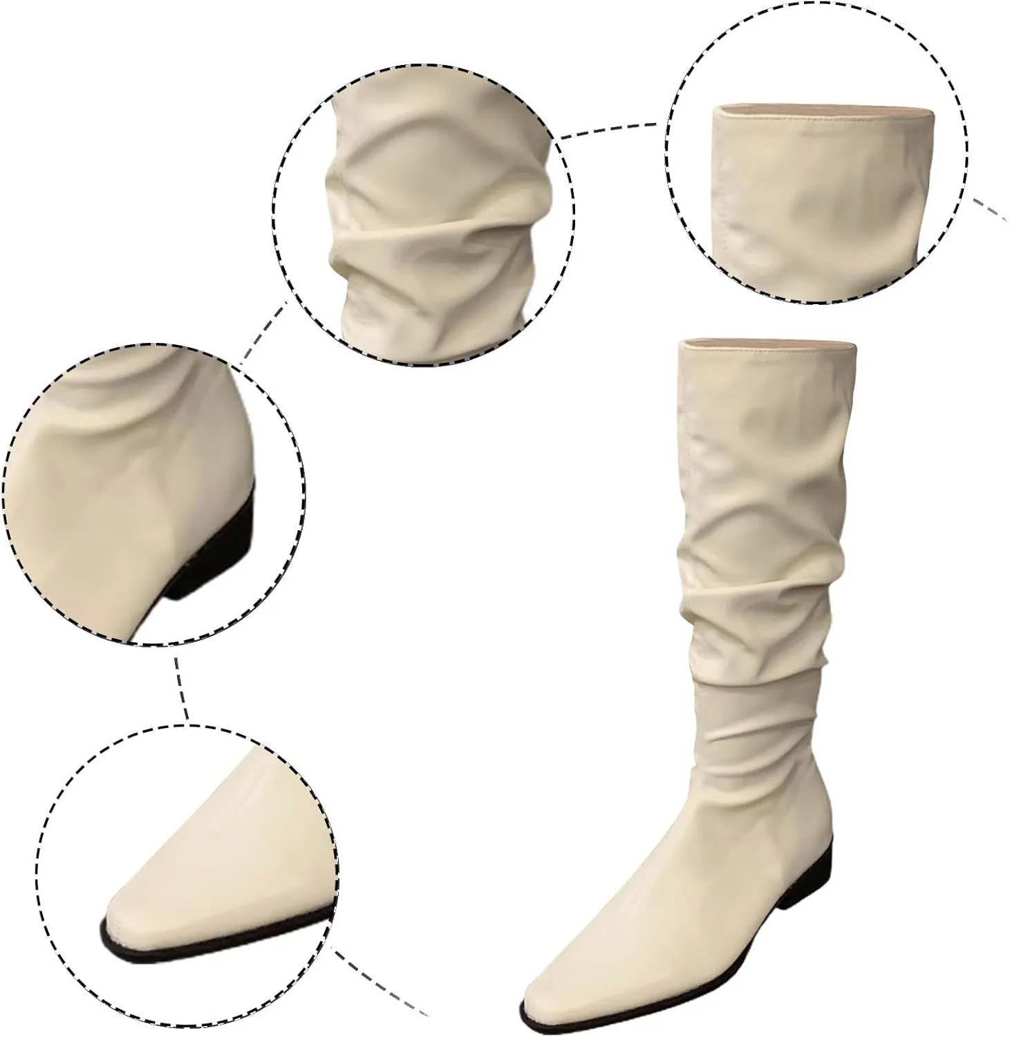 Womens Faux Leather Knee High Boots Wide Calf Almond Toe Chunky Low Heel Slouchy Booties Fashion Dress Boot Warm Fall Boots Comfortable Pull On Tall Boots Long Boots Winter Shoes