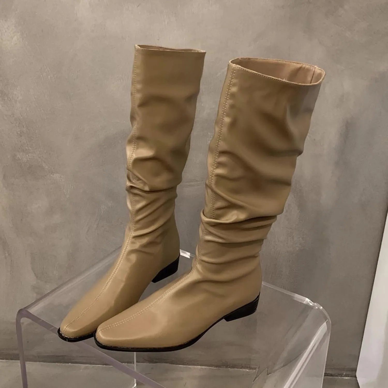 Womens Faux Leather Knee High Boots Wide Calf Almond Toe Chunky Low Heel Slouchy Booties Fashion Dress Boot Warm Fall Boots Comfortable Pull On Tall Boots Long Boots Winter Shoes