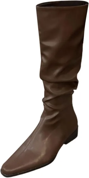 Womens Faux Leather Knee High Boots Wide Calf Almond Toe Chunky Low Heel Slouchy Booties Fashion Dress Boot Warm Fall Boots Comfortable Pull On Tall Boots Long Boots Winter Shoes