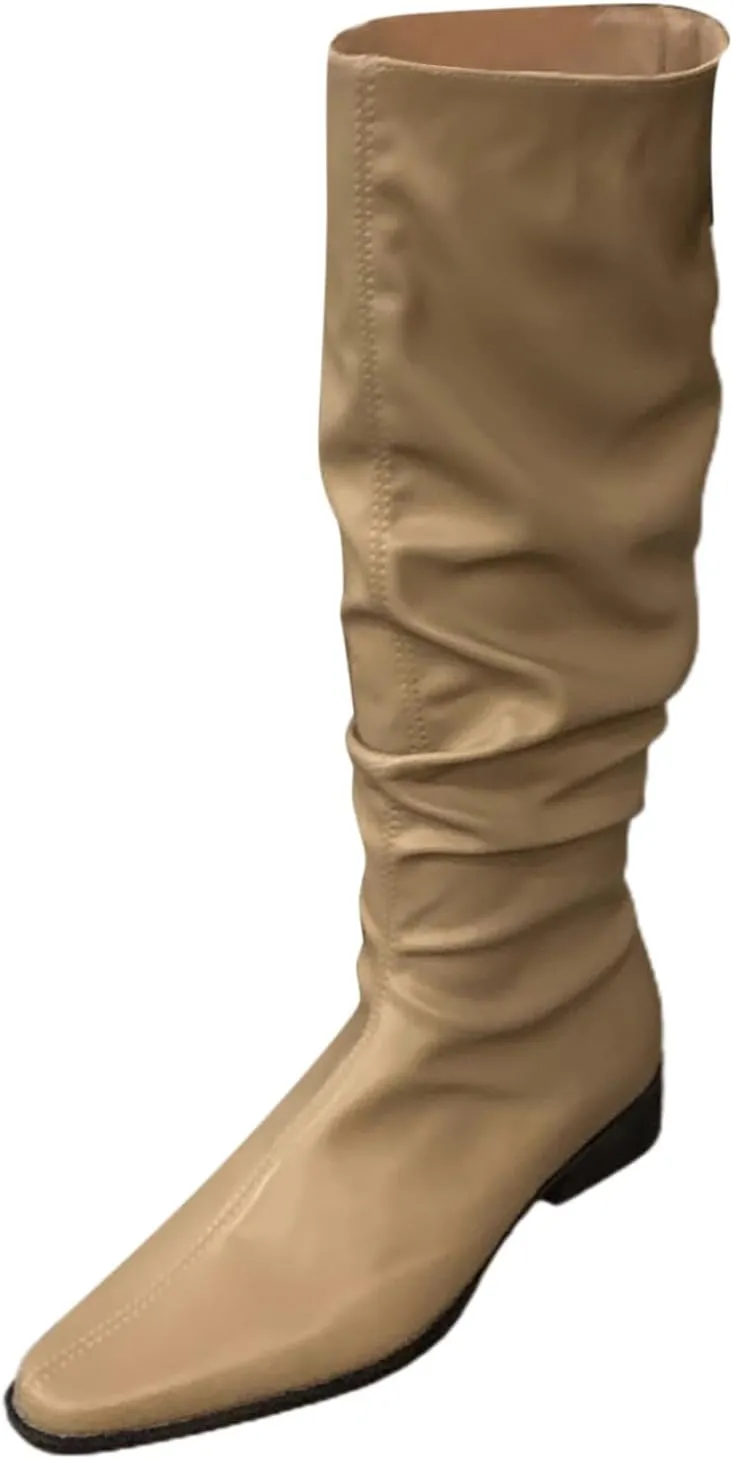 Womens Faux Leather Knee High Boots Wide Calf Almond Toe Chunky Low Heel Slouchy Booties Fashion Dress Boot Warm Fall Boots Comfortable Pull On Tall Boots Long Boots Winter Shoes