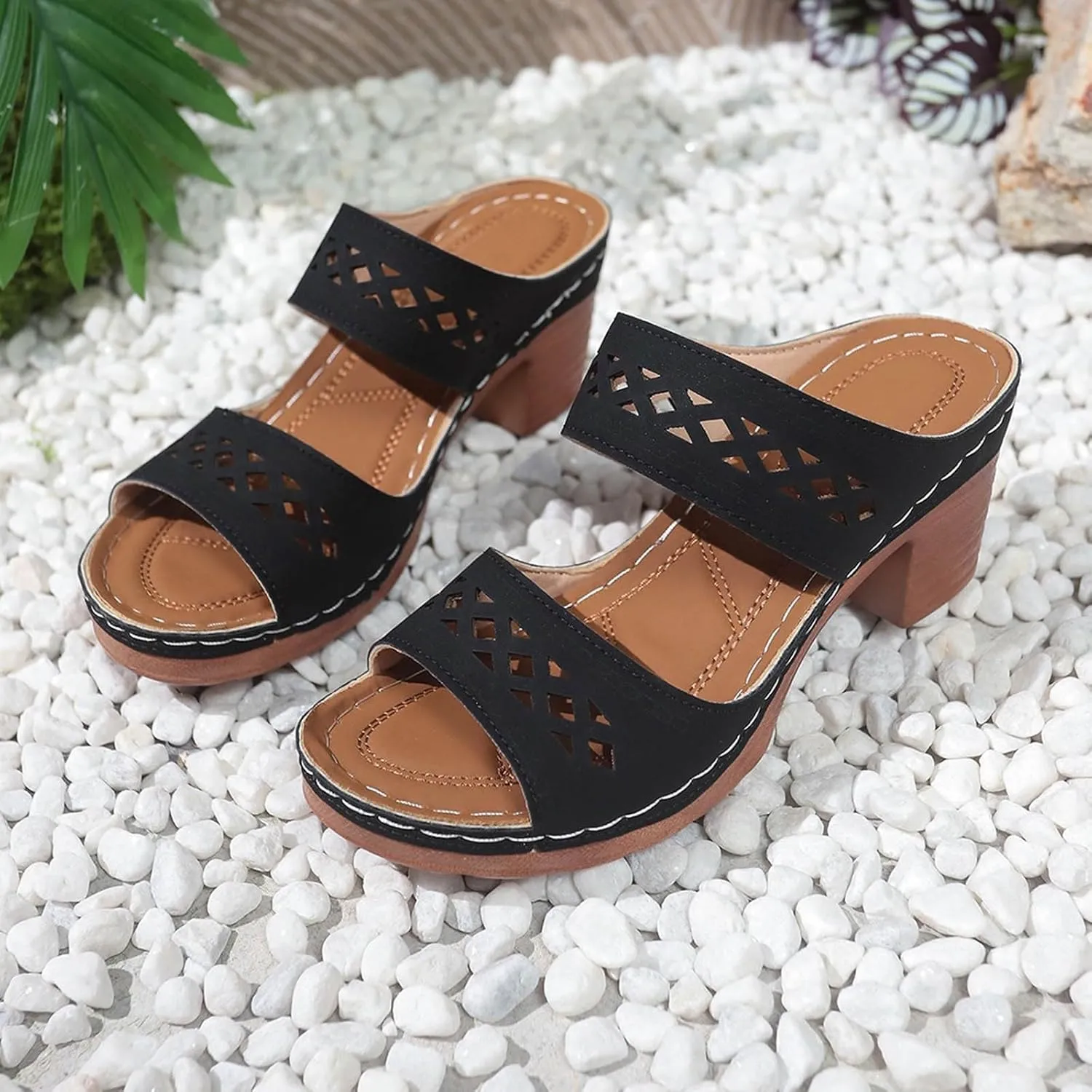 Women's Heeled Sandals Open Toe Slip On Block Chunky Mid Heels Fish Mouth Open Toe Ankle Strap Sandal Slippers