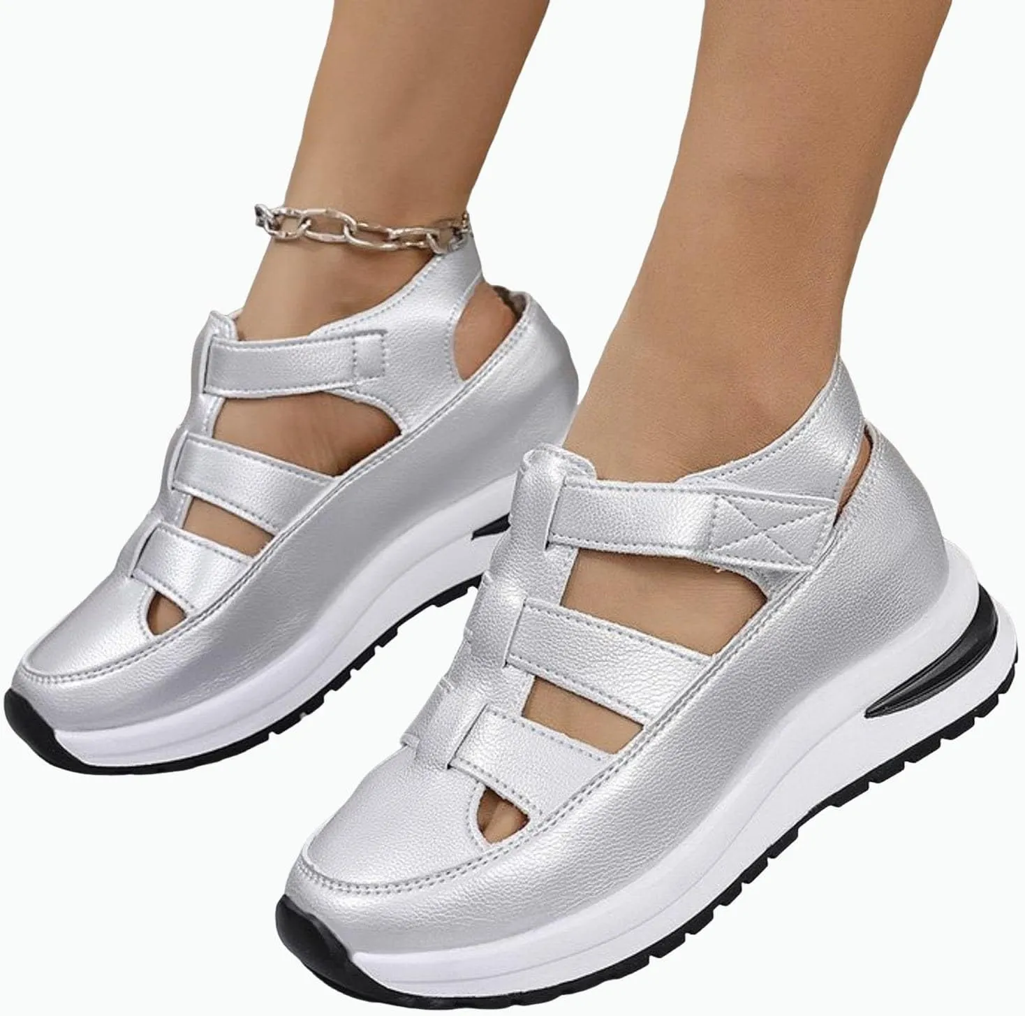 Women's Hook and Loop Hollow Thick Soled Sneakers with Toe Cap Solid Color Outer Wear Womens Business Casual Shoes