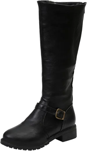 Women's Knee High Boots Riding Boots for Women Wide Calf Tall Boots Low Stacked Heel Boots Wide Width Winter Boots Metal Buckle Long Boots Faux Leather Fashion Knight Boot with Side Zipper
