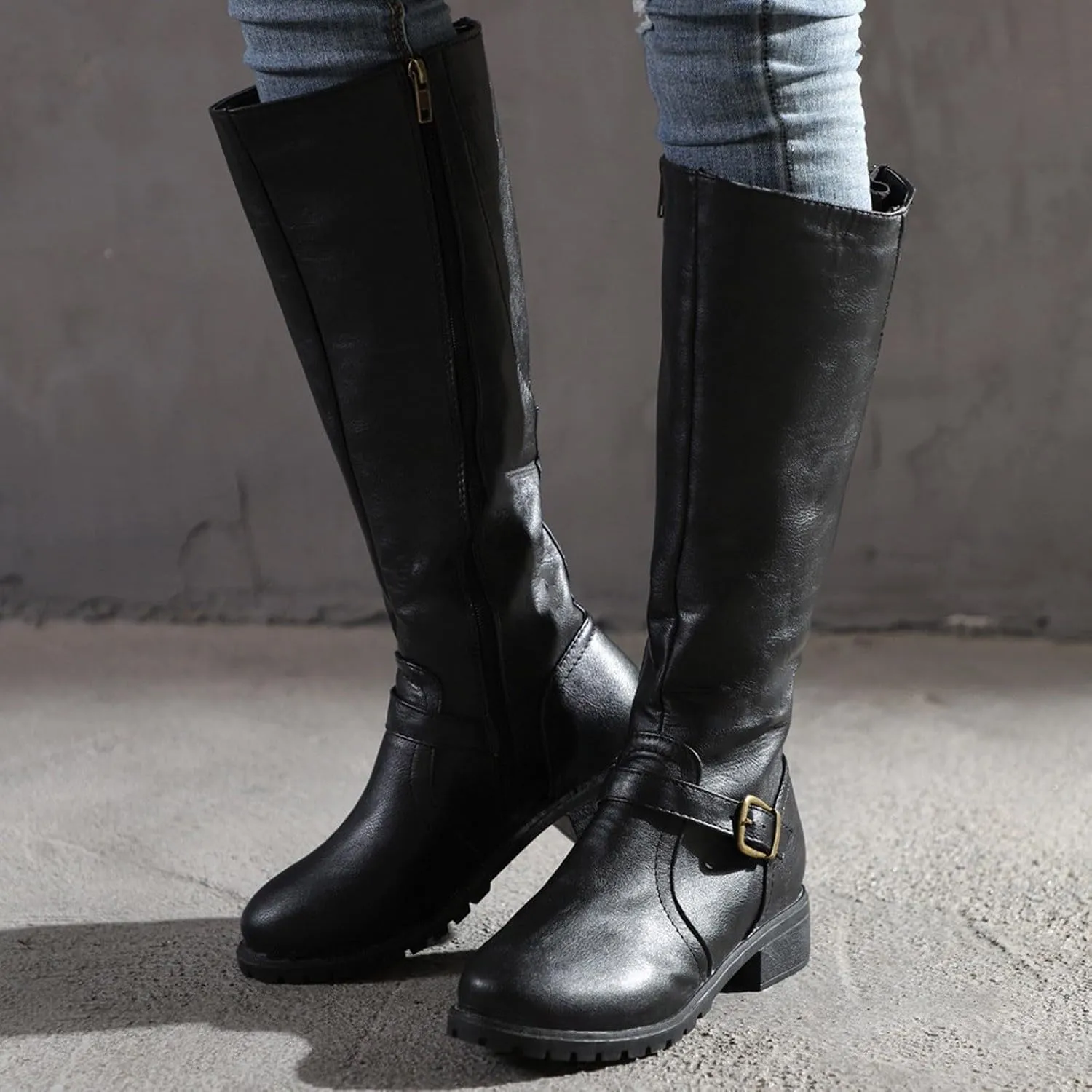 Women's Knee High Boots Riding Boots for Women Wide Calf Tall Boots Low Stacked Heel Boots Wide Width Winter Boots Metal Buckle Long Boots Faux Leather Fashion Knight Boot with Side Zipper