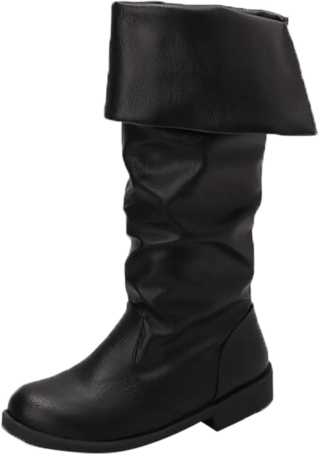 Women's Knee High Boots Tall Slouch Boots Western Fold Over Boots Wide Calf Round Toe Chunky Low Heel PU Leather Boot Casual Fashion Ruched Riding Boot Slip On Outdoor Walking Shoes
