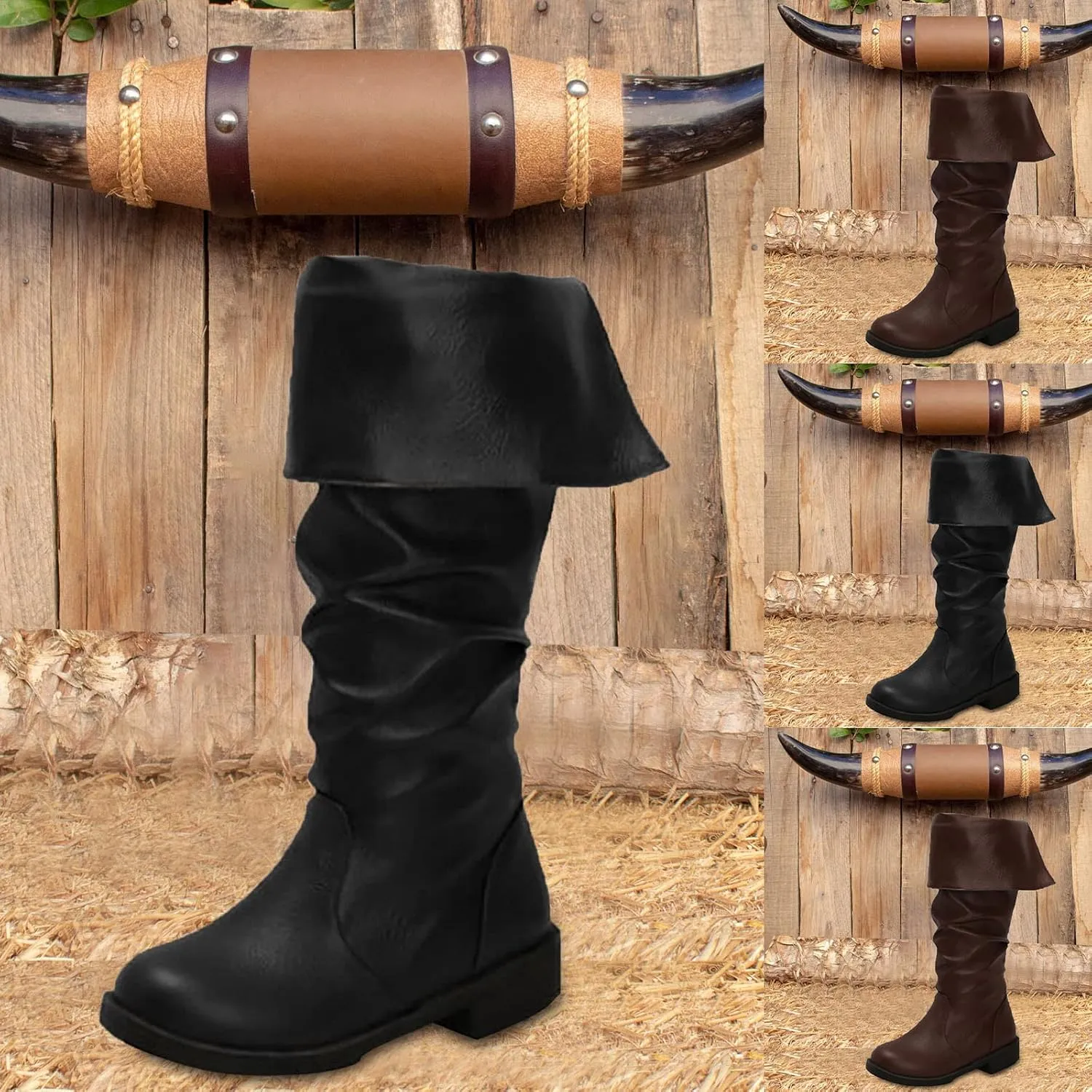 Women's Knee High Boots Tall Slouch Boots Western Fold Over Boots Wide Calf Round Toe Chunky Low Heel PU Leather Boot Casual Fashion Ruched Riding Boot Slip On Outdoor Walking Shoes