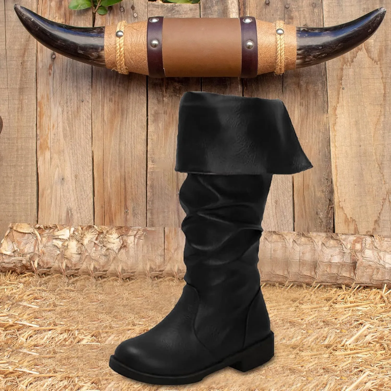 Women's Knee High Boots Tall Slouch Boots Western Fold Over Boots Wide Calf Round Toe Chunky Low Heel PU Leather Boot Casual Fashion Ruched Riding Boot Slip On Outdoor Walking Shoes