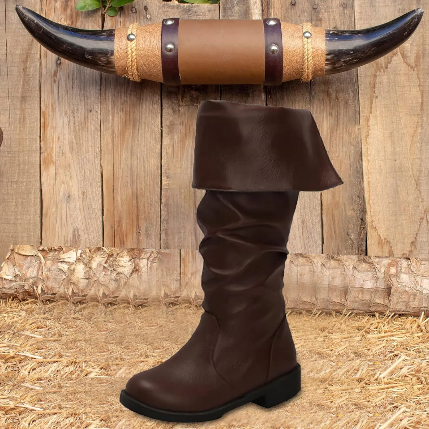 Women's Knee High Boots Tall Slouch Boots Western Fold Over Boots Wide Calf Round Toe Chunky Low Heel PU Leather Boot Casual Fashion Ruched Riding Boot Slip On Outdoor Walking Shoes