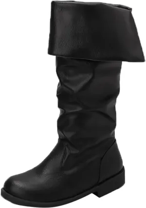 Women's Knee High Boots Tall Slouch Boots Western Fold Over Boots Wide Calf Round Toe Chunky Low Heel PU Leather Boot Casual Fashion Ruched Riding Boot Slip On Outdoor Walking Shoes