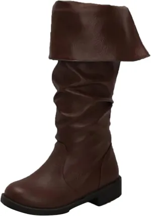 Women's Knee High Boots Tall Slouch Boots Western Fold Over Boots Wide Calf Round Toe Chunky Low Heel PU Leather Boot Casual Fashion Ruched Riding Boot Slip On Outdoor Walking Shoes