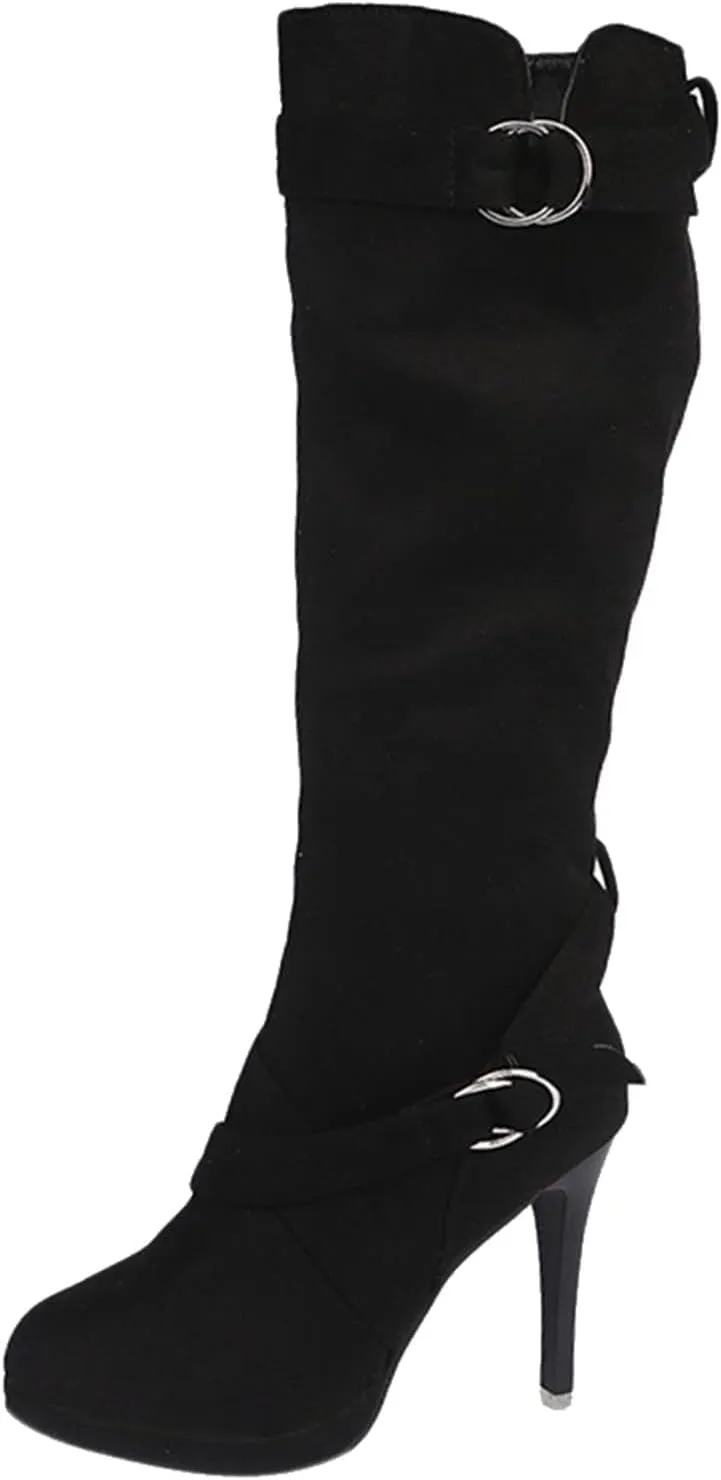 Women's Knee High Platform Heel Boots Fashion Dress Boots Wide Calf Stiletto High Heel Warm Winter Boots Pull-on Retro Faux Suede Boots Wide Width Long Boots with Side Zippers Buckle Strap