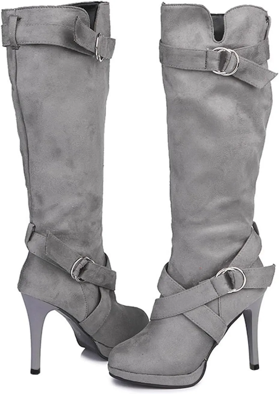 Women's Knee High Platform Heel Boots Fashion Dress Boots Wide Calf Stiletto High Heel Warm Winter Boots Pull-on Retro Faux Suede Boots Wide Width Long Boots with Side Zippers Buckle Strap