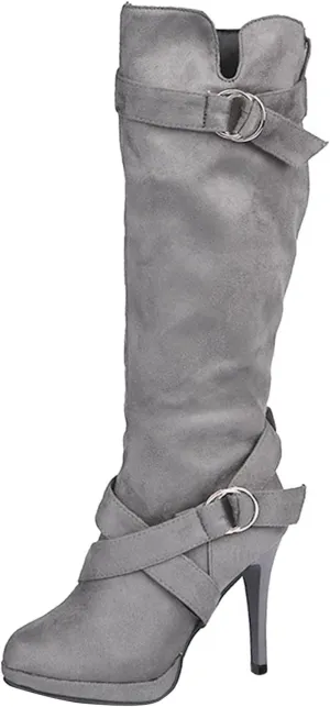Women's Knee High Platform Heel Boots Fashion Dress Boots Wide Calf Stiletto High Heel Warm Winter Boots Pull-on Retro Faux Suede Boots Wide Width Long Boots with Side Zippers Buckle Strap