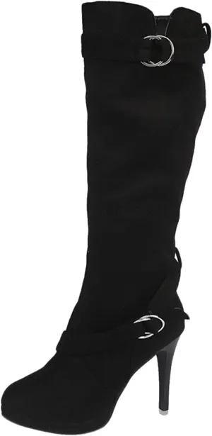 Women's Knee High Platform Heel Boots Fashion Dress Boots Wide Calf Stiletto High Heel Warm Winter Boots Pull-on Retro Faux Suede Boots Wide Width Long Boots with Side Zippers Buckle Strap