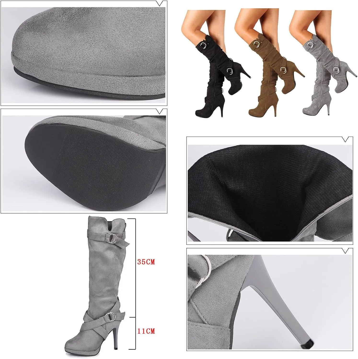 Women's Knee High Platform Heel Boots Fashion Dress Boots Wide Calf Stiletto High Heel Warm Winter Boots Pull-on Retro Faux Suede Boots Wide Width Long Boots with Side Zippers Buckle Strap