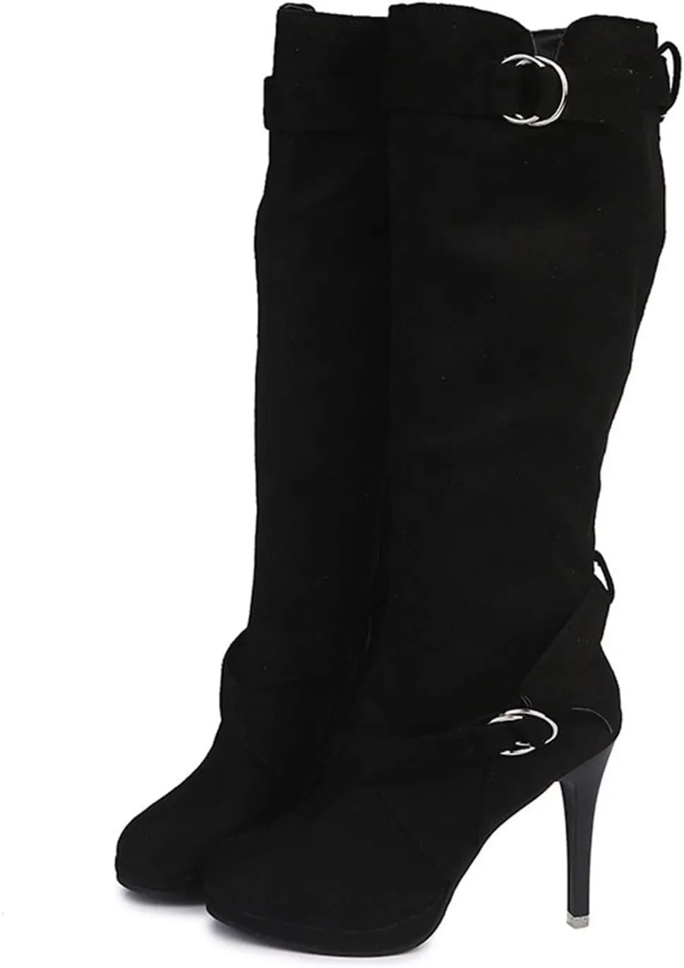 Women's Knee High Platform Heel Boots Fashion Dress Boots Wide Calf Stiletto High Heel Warm Winter Boots Pull-on Retro Faux Suede Boots Wide Width Long Boots with Side Zippers Buckle Strap