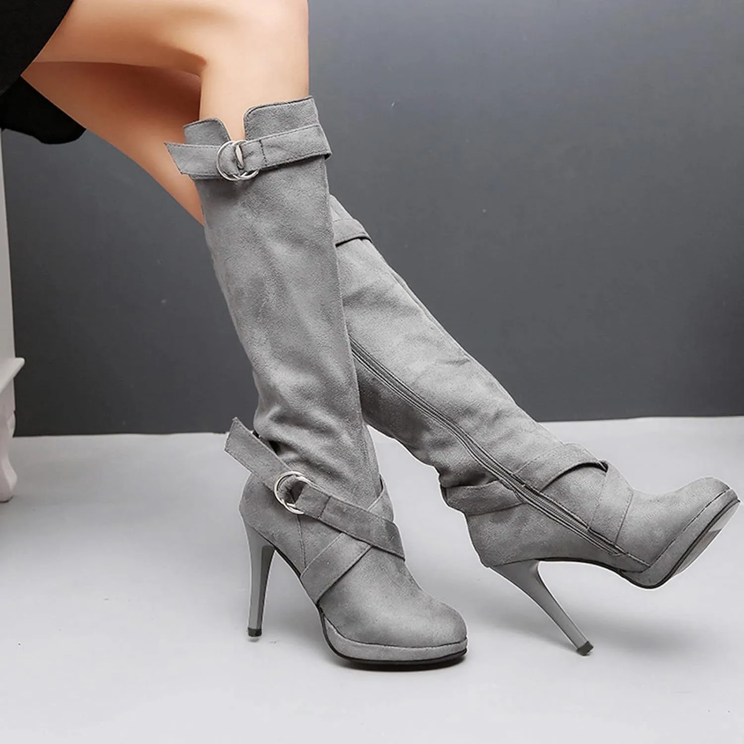 Women's Knee High Platform Heel Boots Fashion Dress Boots Wide Calf Stiletto High Heel Warm Winter Boots Pull-on Retro Faux Suede Boots Wide Width Long Boots with Side Zippers Buckle Strap