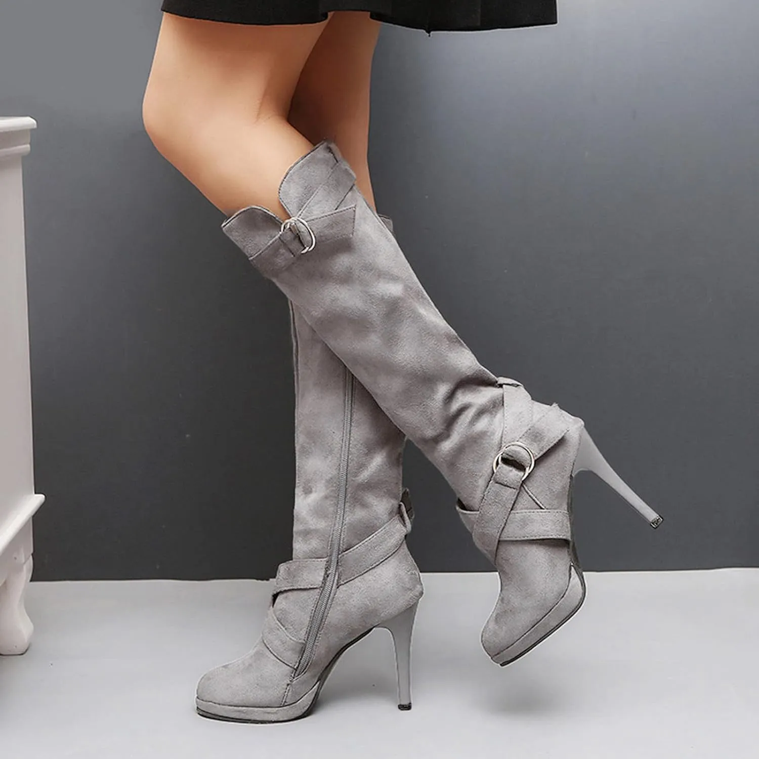 Women's Knee High Platform Heel Boots Fashion Dress Boots Wide Calf Stiletto High Heel Warm Winter Boots Pull-on Retro Faux Suede Boots Wide Width Long Boots with Side Zippers Buckle Strap