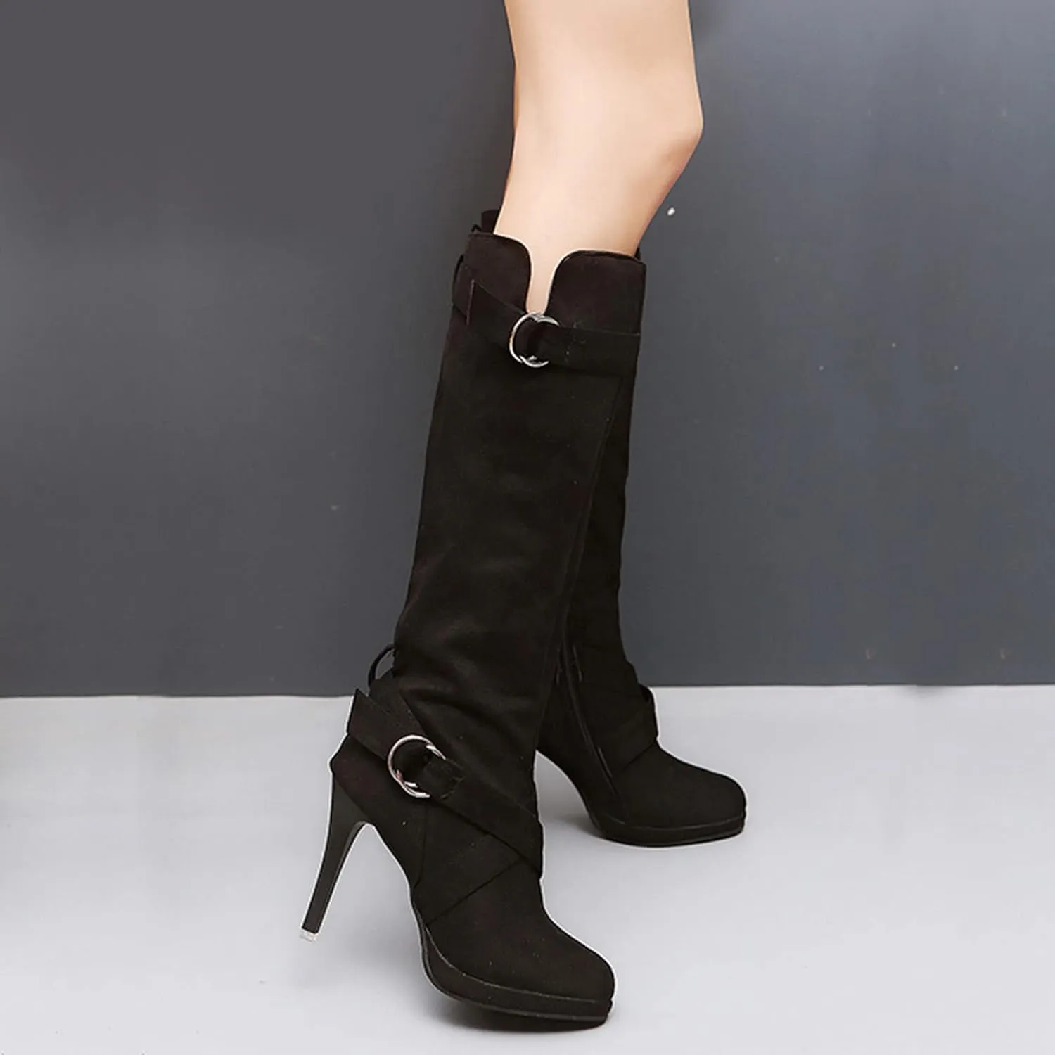 Women's Knee High Platform Heel Boots Fashion Dress Boots Wide Calf Stiletto High Heel Warm Winter Boots Pull-on Retro Faux Suede Boots Wide Width Long Boots with Side Zippers Buckle Strap