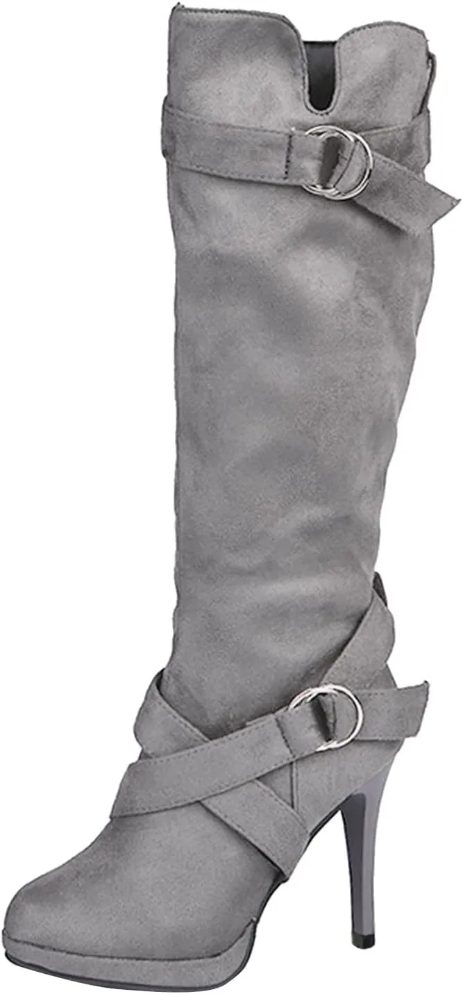 Women's Knee High Platform Heel Boots Fashion Dress Boots Wide Calf Stiletto High Heel Warm Winter Boots Pull-on Retro Faux Suede Boots Wide Width Long Boots with Side Zippers Buckle Strap