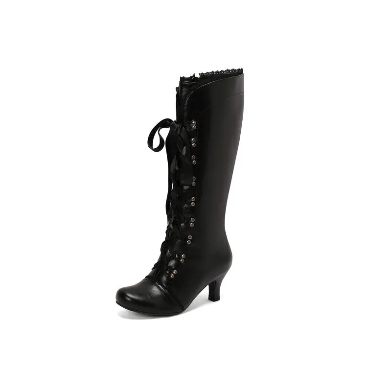 Women's Lace Rivets Round Toe Hoof Heel Knee High Boots