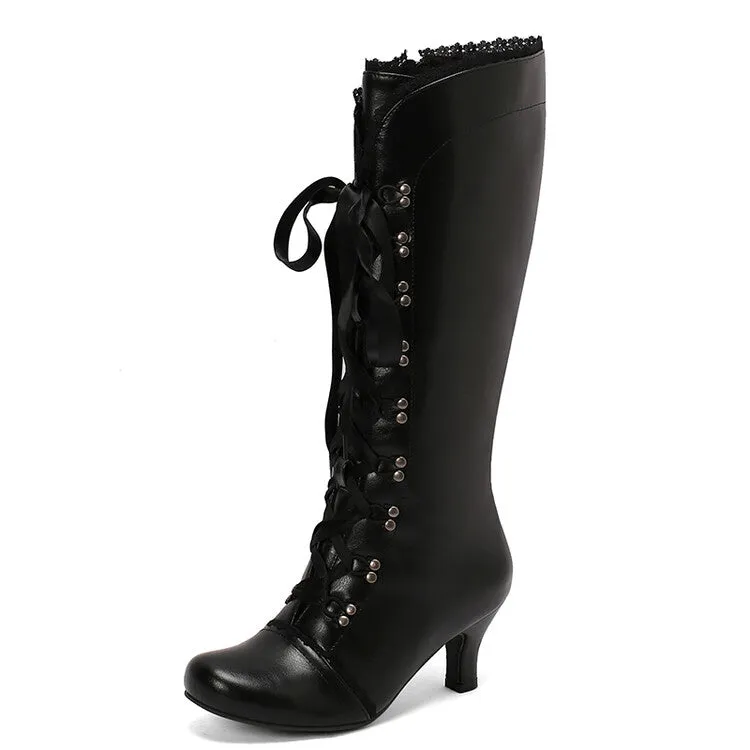 Women's Lace Rivets Round Toe Hoof Heel Knee High Boots