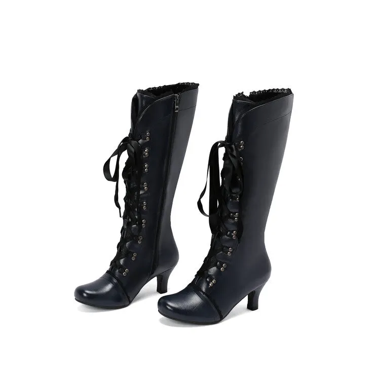 Women's Lace Rivets Round Toe Hoof Heel Knee High Boots