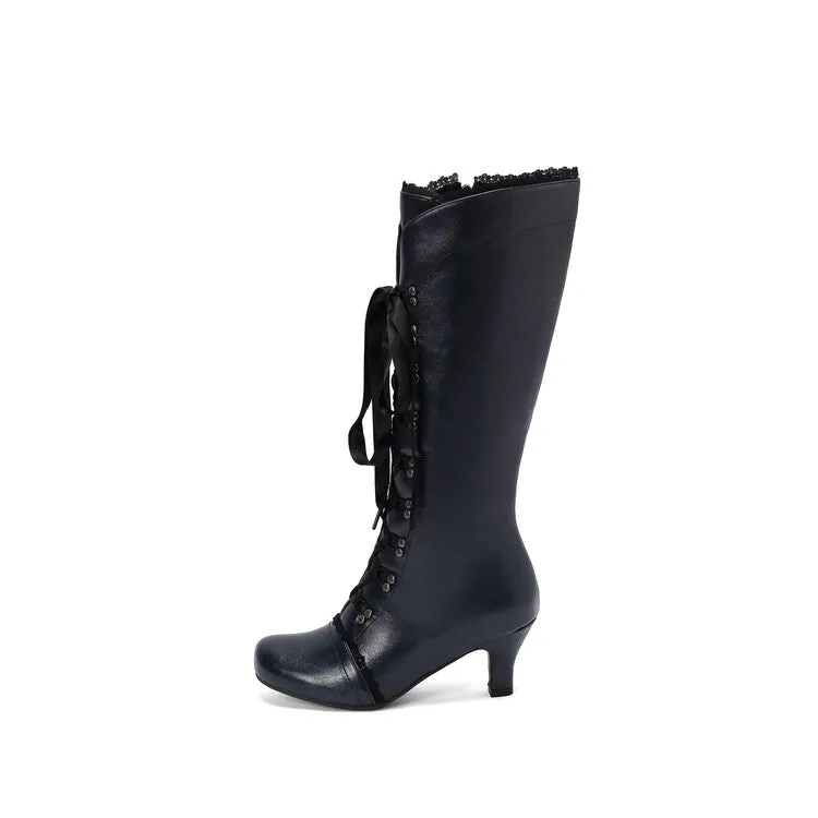 Women's Lace Rivets Round Toe Hoof Heel Knee High Boots