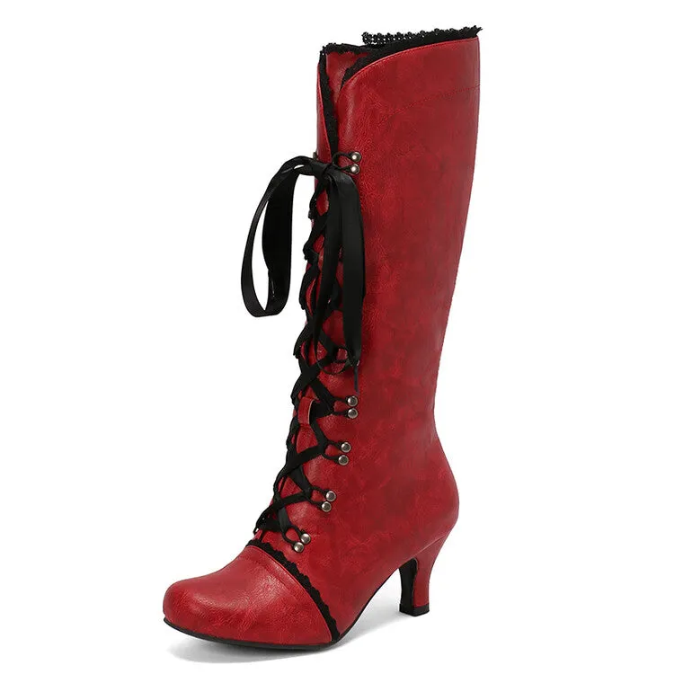 Women's Lace Rivets Round Toe Hoof Heel Knee High Boots