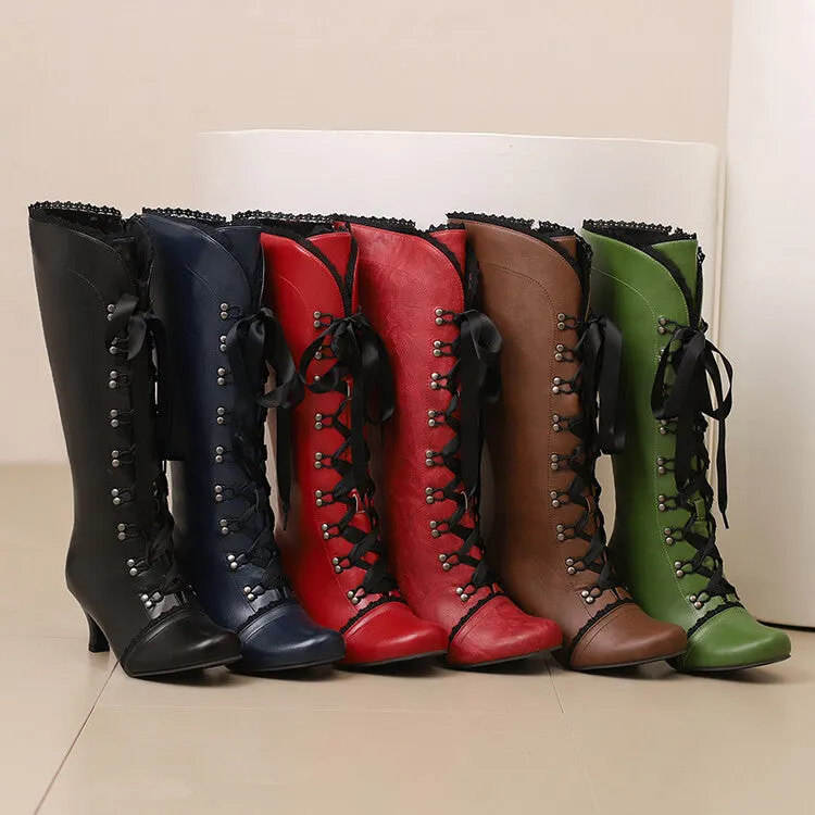 Women's Lace Rivets Round Toe Hoof Heel Knee High Boots