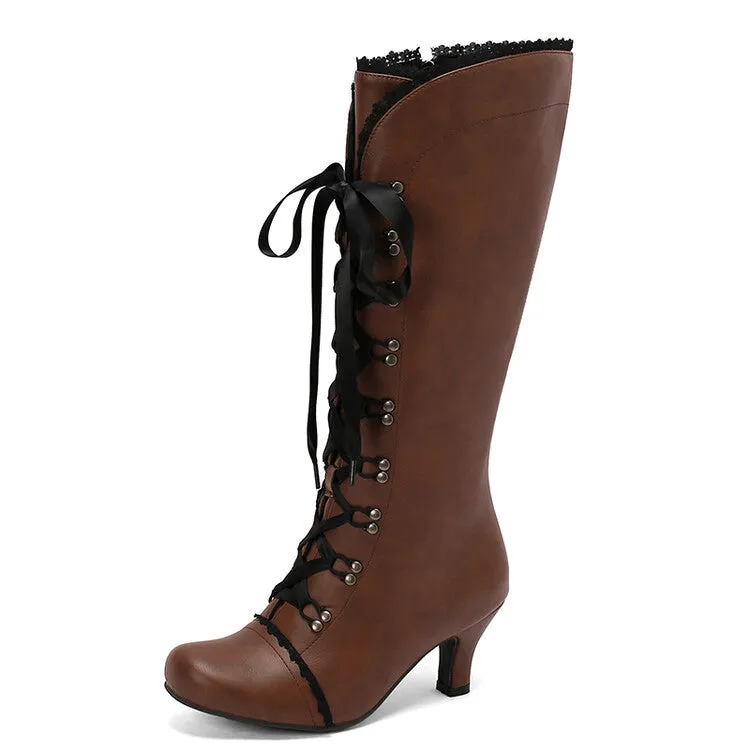 Women's Lace Rivets Round Toe Hoof Heel Knee High Boots