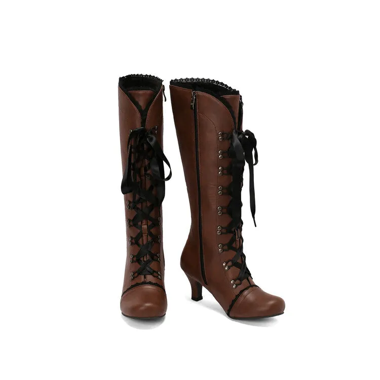Women's Lace Rivets Round Toe Hoof Heel Knee High Boots