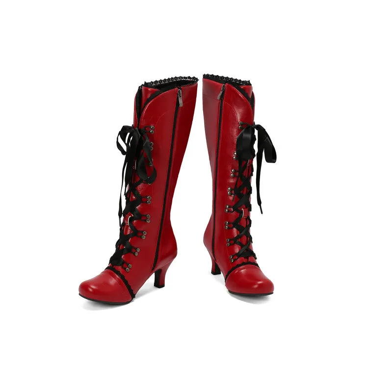Women's Lace Rivets Round Toe Hoof Heel Knee High Boots